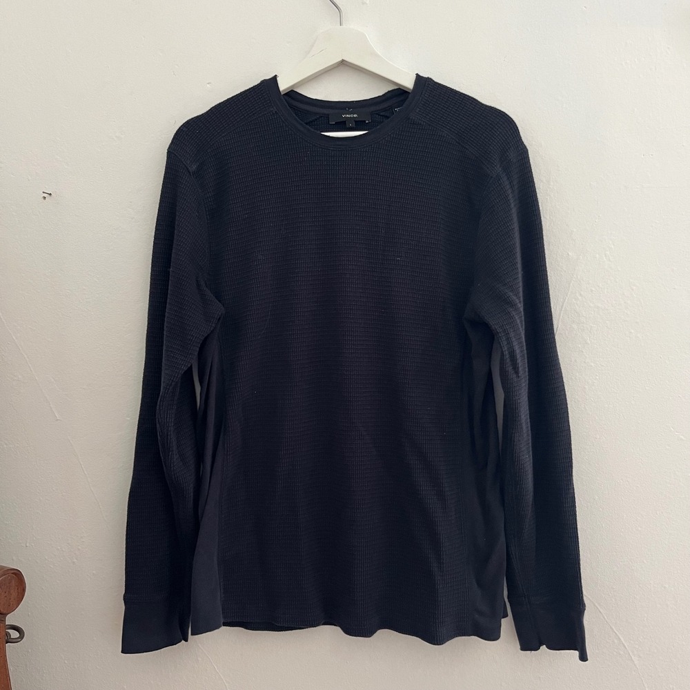 Vince Men's Pima Cotton Blend Black Waffle Knit Panel Long Sleeve Shirt L